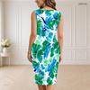 Women Plus Size V Neck Sleeveless Tropical Leaf Printed Bodycon Midi Dress