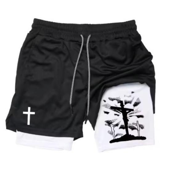 Cross Christian God Bible Pray Faith Jesus Muay Thai Kick Boxing MMA Double Layer Shorts Men Women Unisex Quick Dry Training Sport Gym Fitness Workout