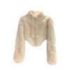 Womens Soft Faux Fur Short Coat In Cream Stand Collar Leather Patchwork Elegant Chic Style Winter 2025