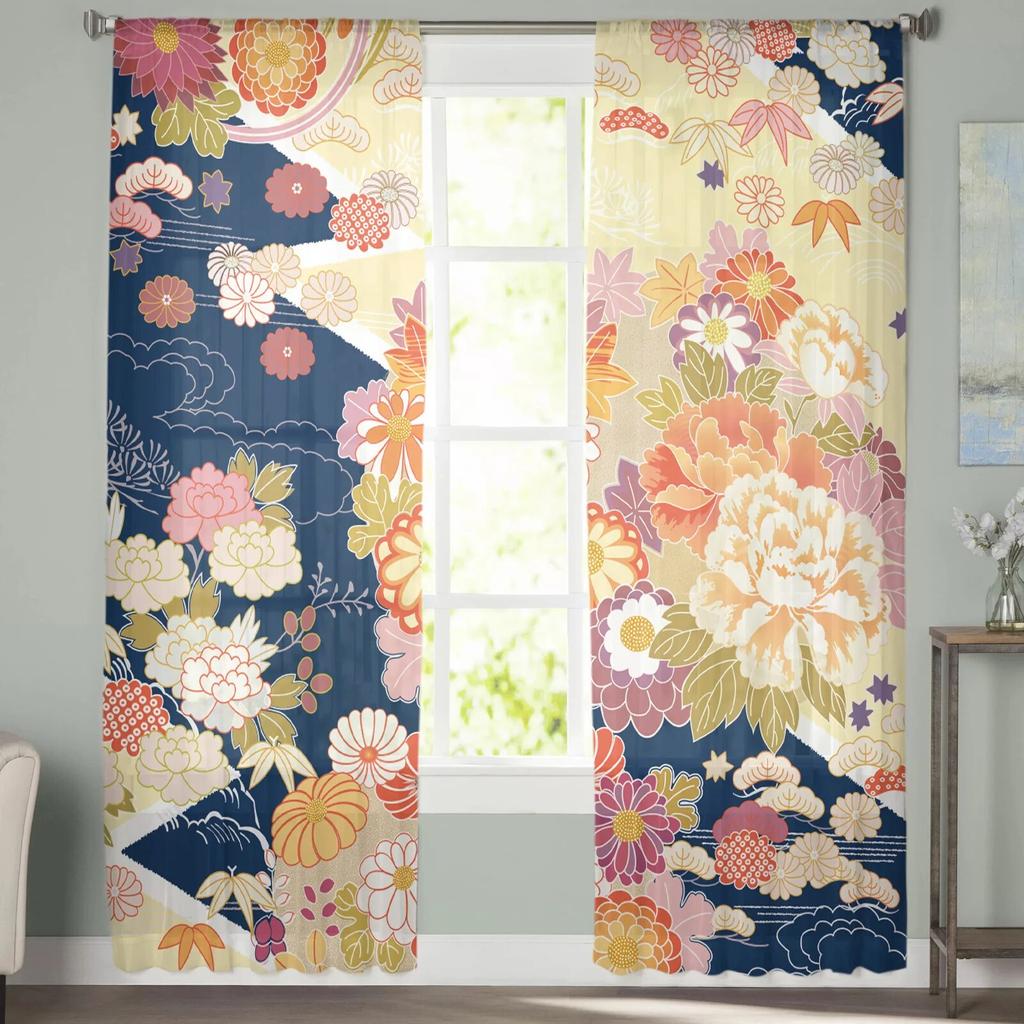 Motivo Giapponese Arte Floreale Tende da Finestra Soggiorno Tende in Tulle Decorazione Cucina Tenda Camera Bambini Trattamento Finestra