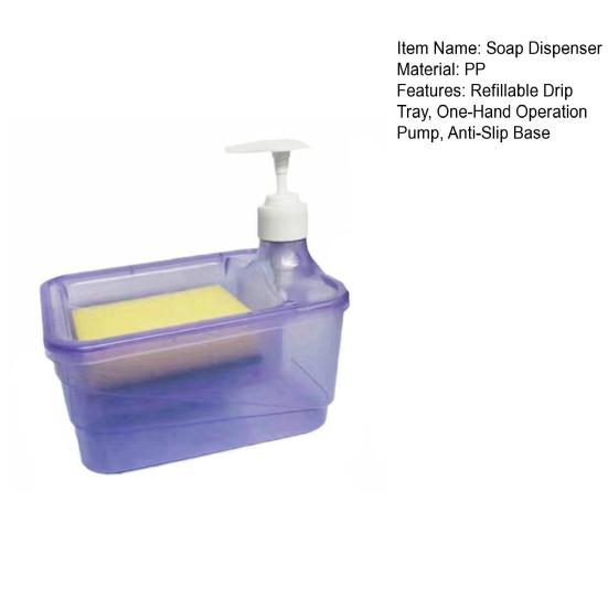 Kitchen Soap Dispenser with Quick-Drying Sponge Holder Quick Drying Removable Refillable Drip Tray One-Hand Operation Anti-Slip Base Kitchen