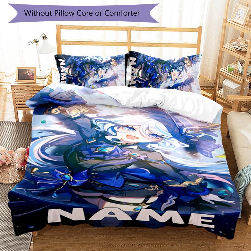 3pcs Custom Name Cartoon Genshin Impact Characters Bedding Set Duvet Cover Closure Includes 1 Duvet Cover & 2 Pillowcases for All Seasons Bedroom Deco