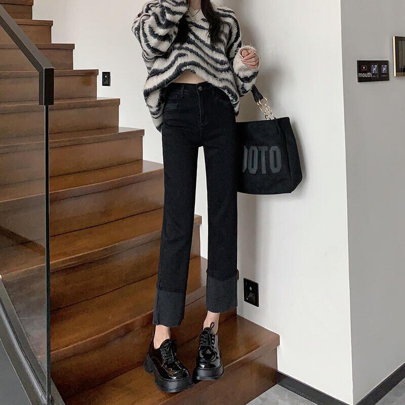 Women's Spliced High Waist Slim Fit Retro Cuffed Jeans - Nine-Point Cigarette Pants for Summer
