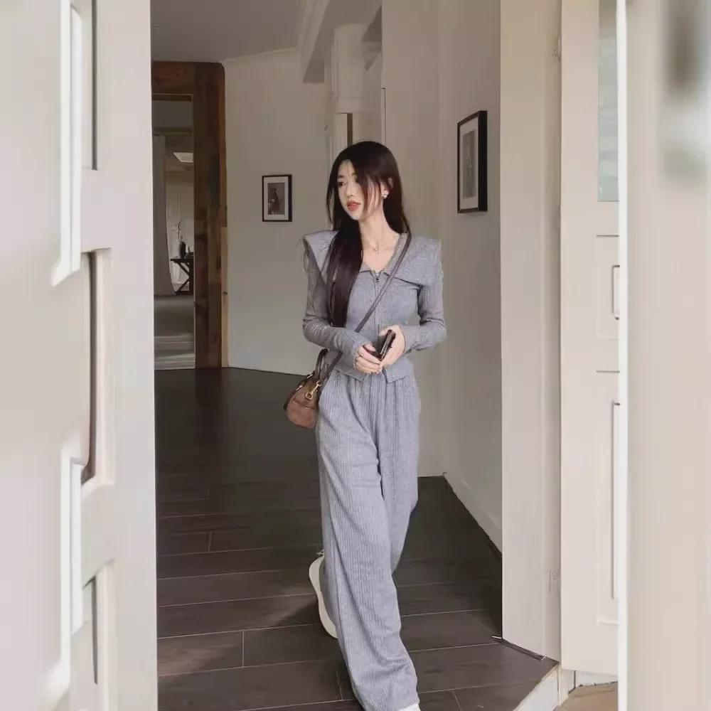 2024 Hong Kong Style Chic Women's Two-Piece Suit: Slim Lapel Top & Wide-Leg Pants