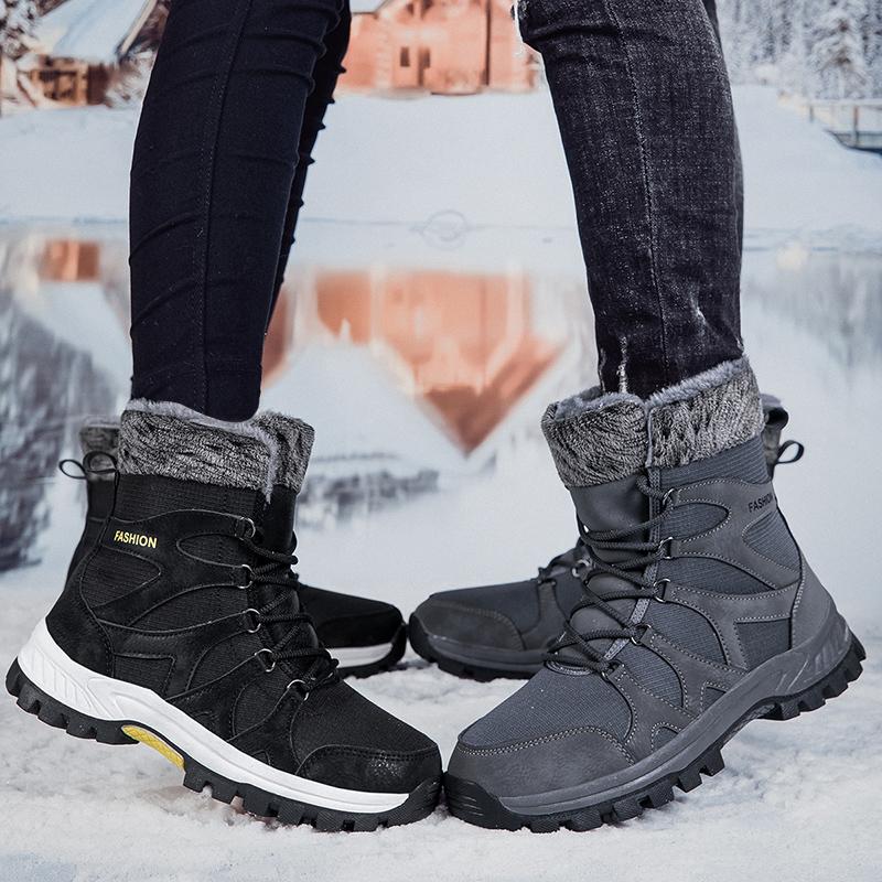 Couple Lace-up Snow Boots Fur-lined Half Boots Plush Cotton Shoes Anti-slip Winter Warm Outdoor Sneakers Wear-resistant