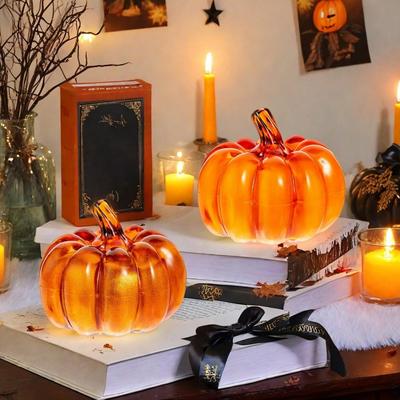 Lampe Citrouille Décor Citrouille en Verre Nuit Étoilée Ensemble Citrouille en Verre LED pour Halloween Action de Grâce Décoration Intérieure Automnale