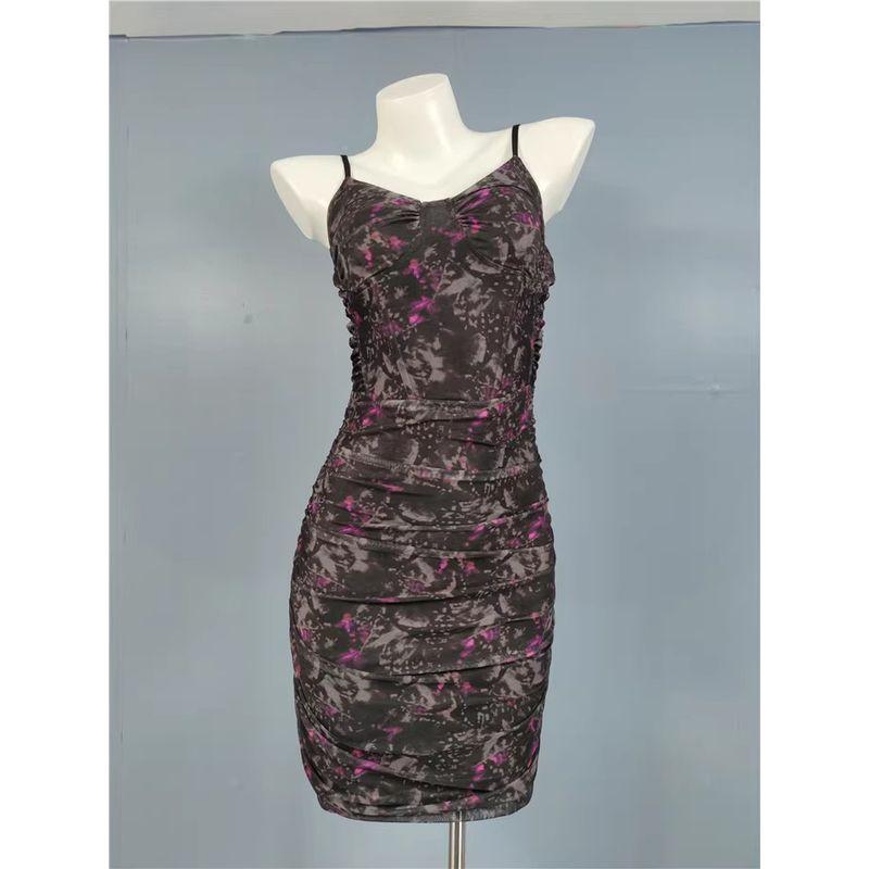 

Export Single Fashion Sexy Pure Desire Sexy Sling Summer New Arrival Fashion Mesh Slimming Short Dress Women Tie-dyed purple Black 2XL