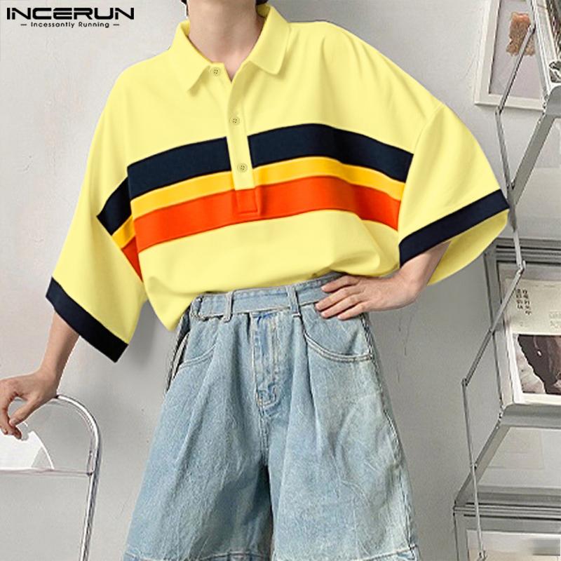 INCERUN Oversized Men Lapel Neck 3/4 Sleeve Striped Stitching Casual Loose T-shirts Tops