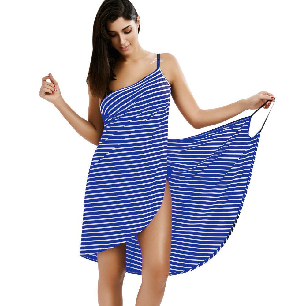 Women Striped Spaghetti Strap Cover‑Up Dress Loose Beach Midi Dress For Vacation Swimwear Cover Up