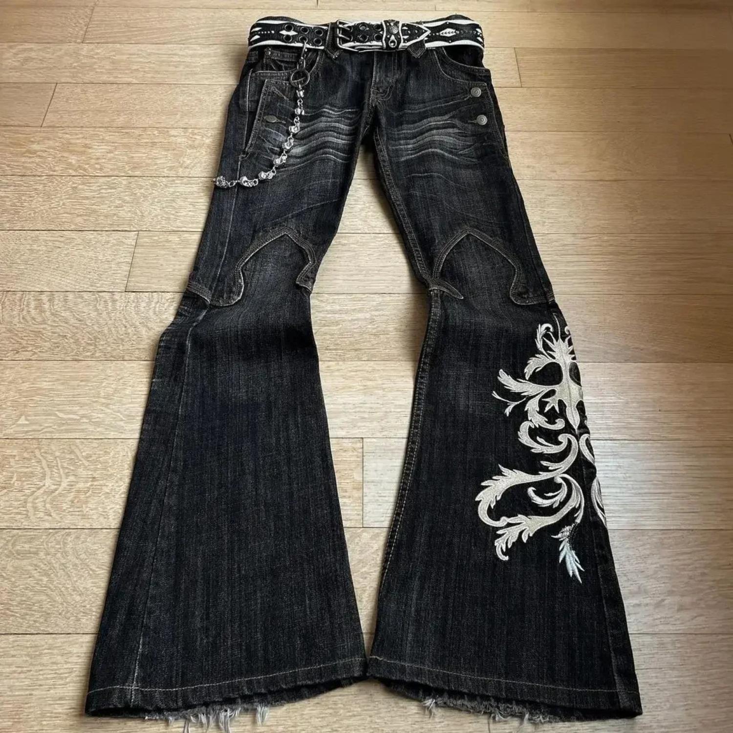 Women s Low Waist Flare Jeans Embroidered Wide Leg Trousers Y2K Casual Pants S