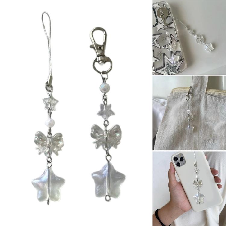 Unique Bowknot Phone Charm Fashion Decorative Bead Keychain Acrylic Keyring Bag Pendant Accessory for Women Girls