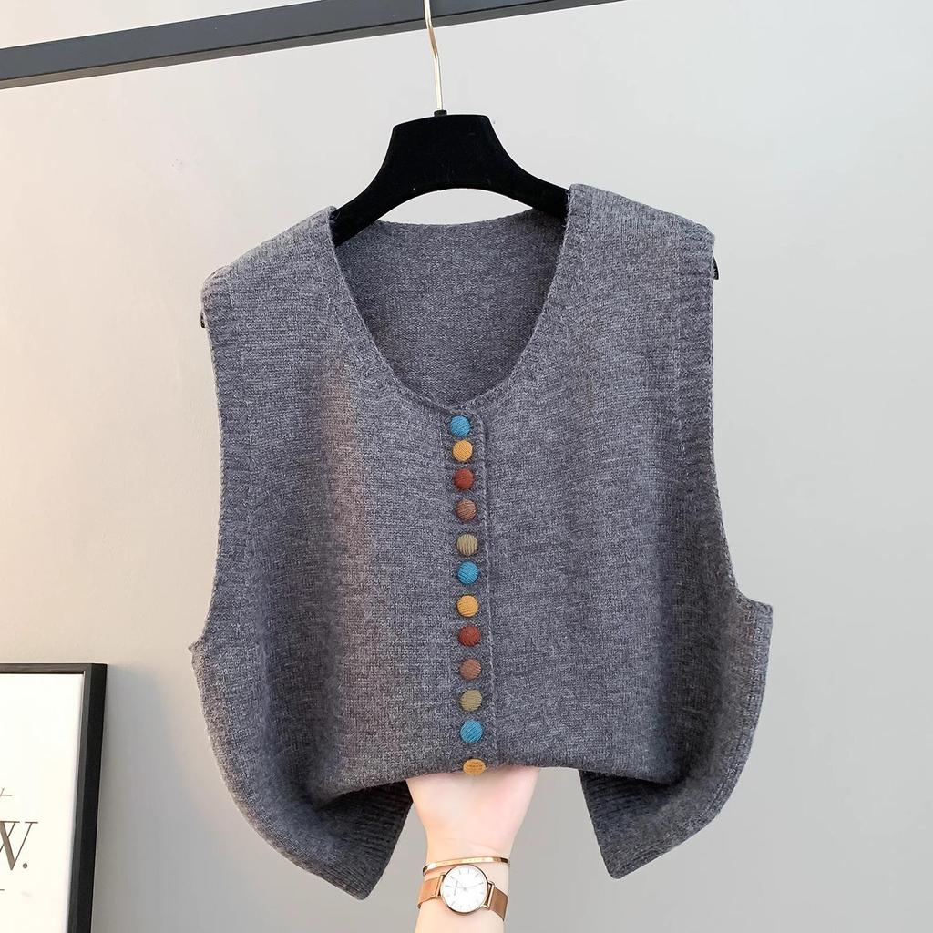 2025 Women’s Knitted V-Neck Cardigan Vest - Sleeveless, Loose Fit for Spring & Autumn