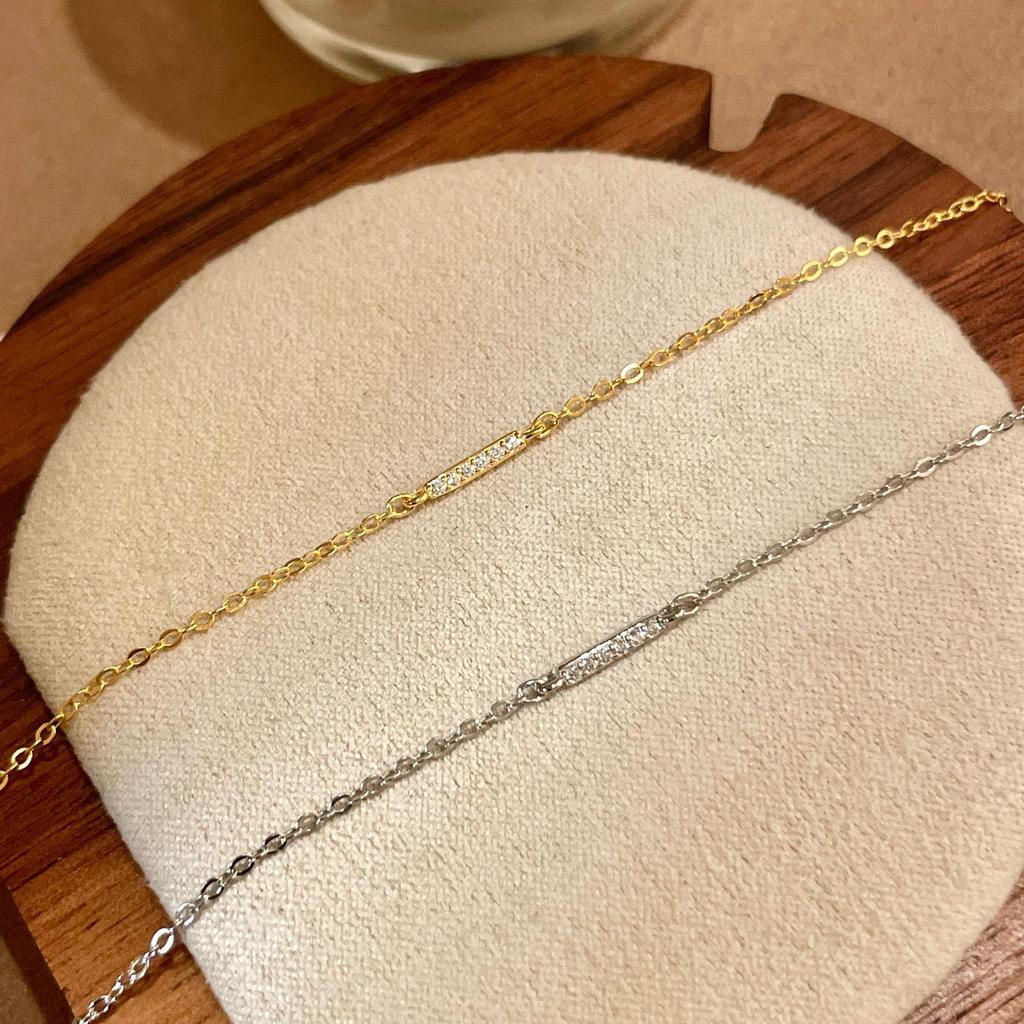 S925 Sterling Silver Diamond Inlaid Bar Bracelet, 18K Gold Plated, Mori Style, Thin and Simple Design for Women.