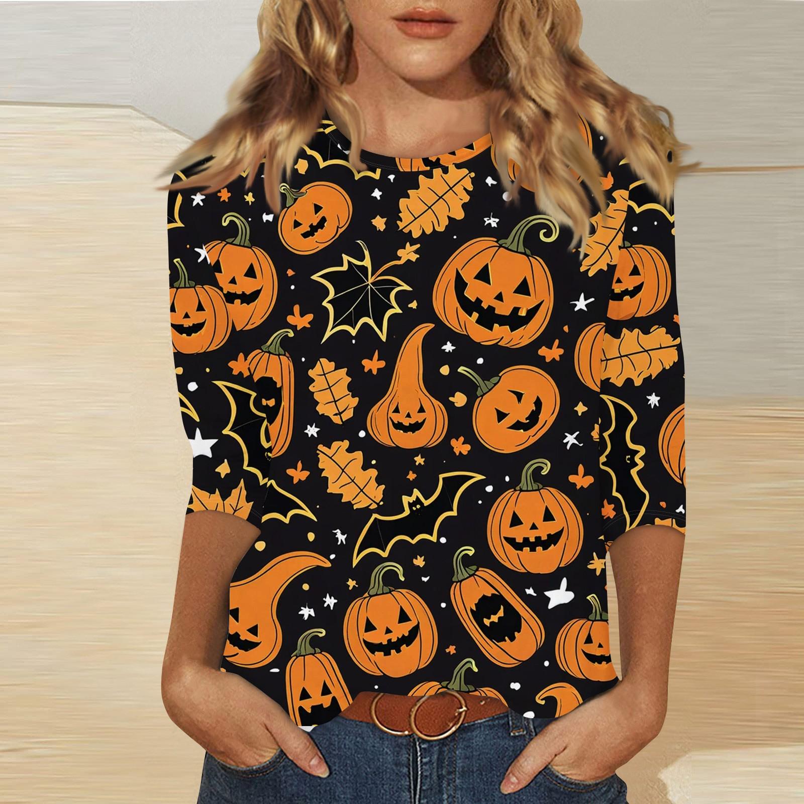 

Women s Fashion Casual Three-quarter Sleeve Halloween Printed Round Neck Top L кавовий