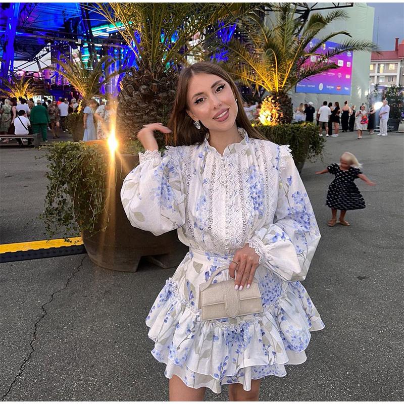 Ladies' Printed Stand Up Collar Bubble Sleeve Long Sleeved Ruffle Edge Short Skirt Casual Slim Fit Dress Blue Print Summer New Collection Waist Dress
