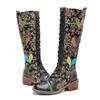 Johnature Genuine Leather Long Boots Women Shoes Handmade Retro Printed Color Matching Lace Up Mid-calf Boots