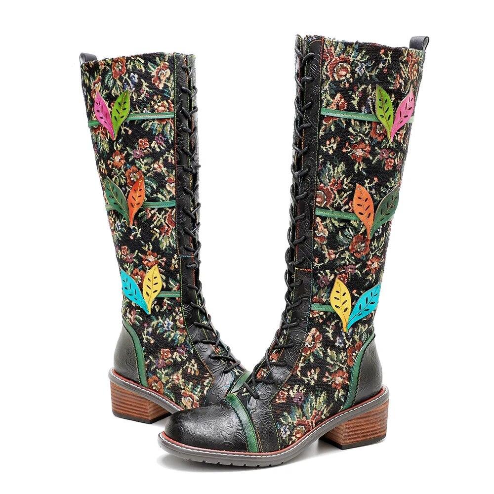Johnature Genuine Leather Long Boots Women Shoes Handmade Retro Printed Color Matching Lace Up Mid-calf Boots