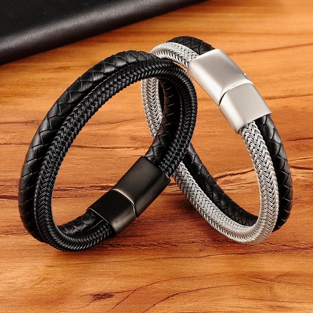 Classic Style Leather with Stainless Steel Stitching Combination Men's Bracelet Black/Steel Buckle Party Accessories Gift