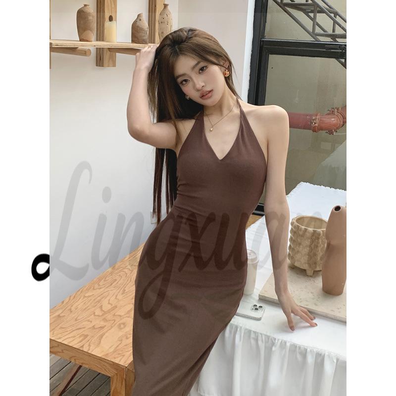 2026 Spring/Summer French V-neck Halter Slimming Camisole Midi Dress M коричневый
