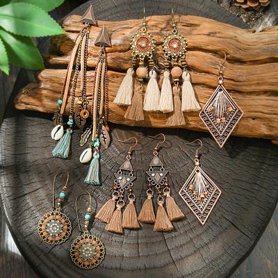 Vintage Boho Earrings with Long Dangle Tassel,Brown Alloy Eardrops,Holiday Party Decors,Daily Wear Gifts,Versatile