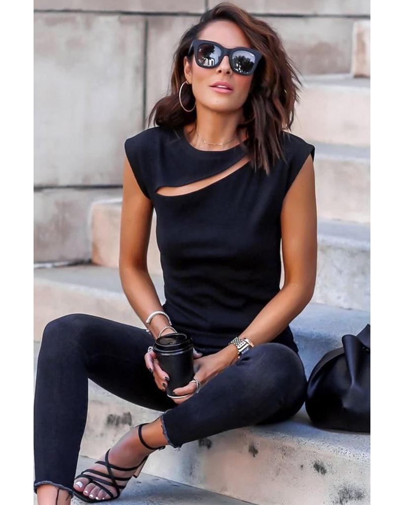 Azura Exchange Slash Cutout Cap Sleeve T Shirt