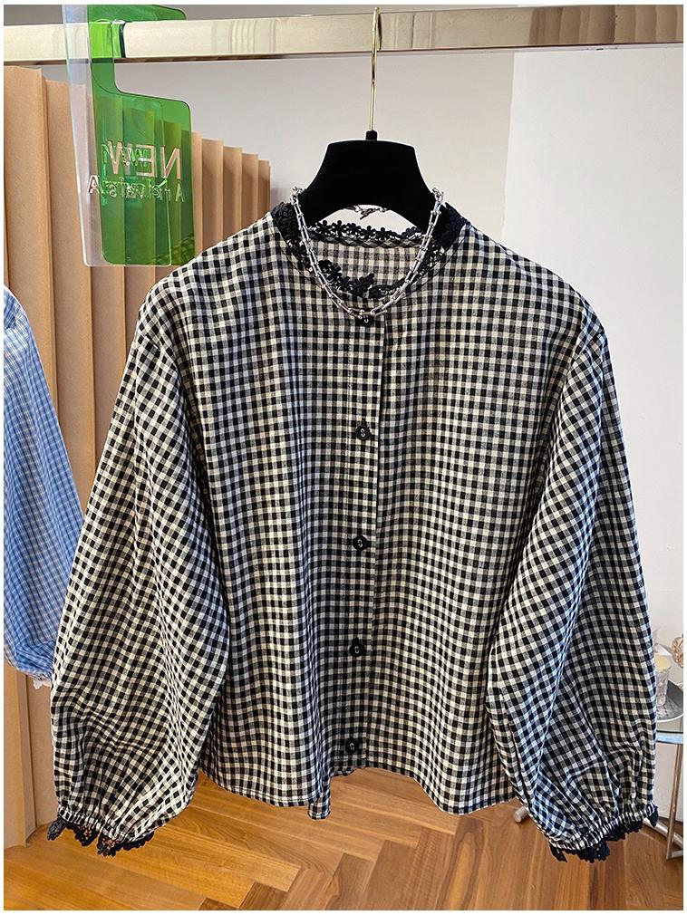 Women's Long Sleeve Korean Plaid Shirt with Lace Ruffles - Black & White, Spring 2026
