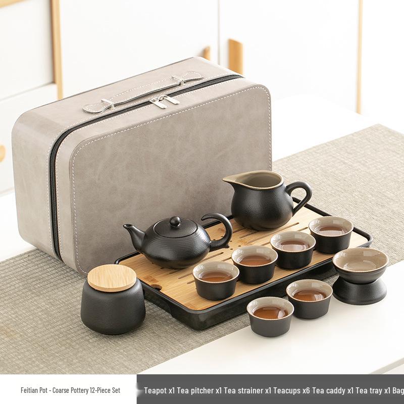 Portable Black Pottery Kung Fu Tea Set - Customizable with Logo for Business Gifts & Souvenirs