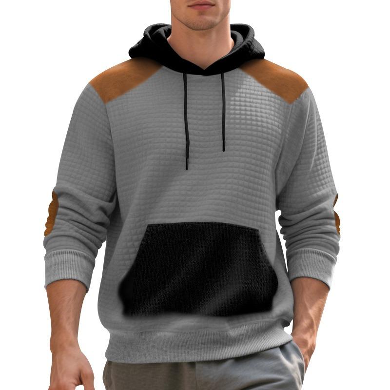 Mens Casual Loose Plaid Color Block Hooded Pullover Sweatshirt With Large Pockets