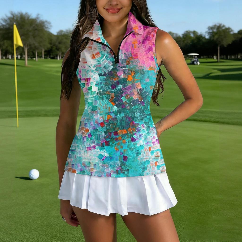 Camiseta Polo de Golf sin Mangas para Mujer con Cuello con Cremallera Estampado Floral Camiseta sin Mangas Deportiva para Deportes y Actividades al Aire Libre