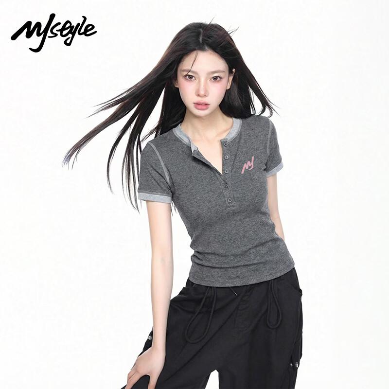 

MJ STYLE Women s Contrast Henley Neck Short Sleeve T-shirt M