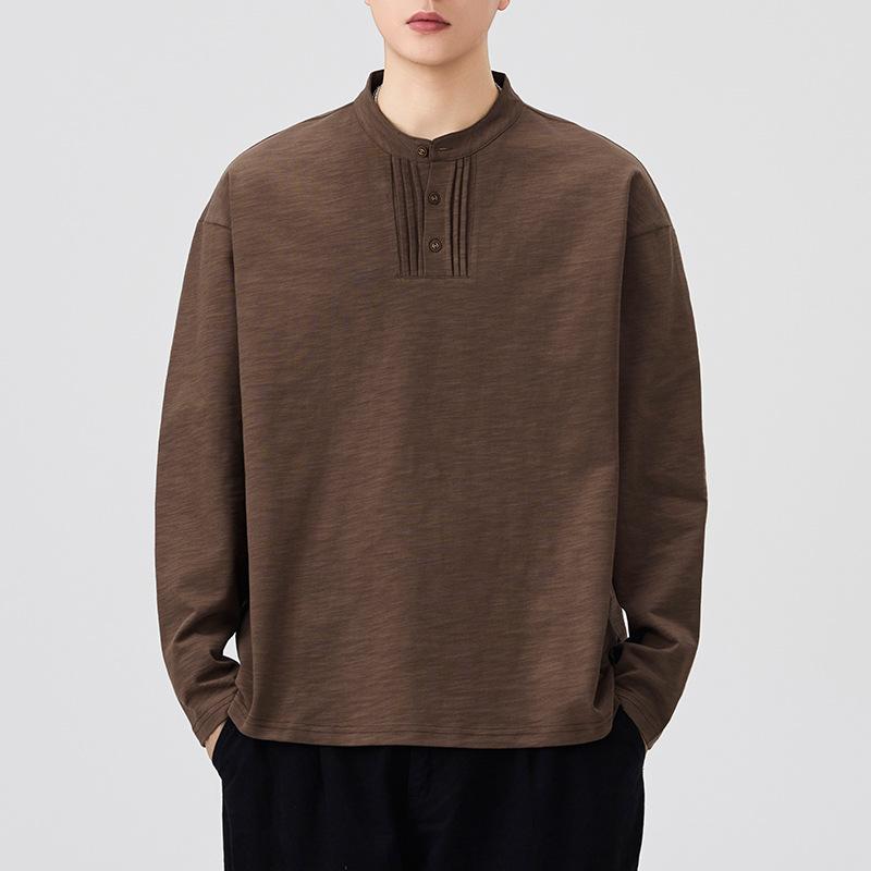 

New Autumn Long-sleeved T-shirt for Men s Bamboo-stitched Simple Henry Collar Versatile Base Top 4XL
