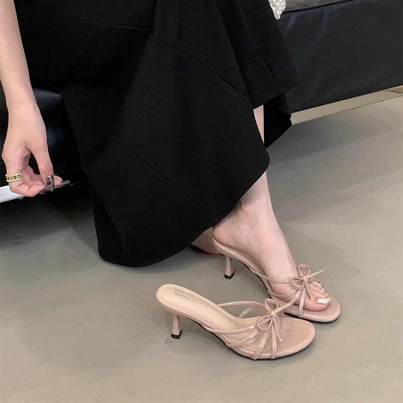 Summer Women Round Toe High Heel Slippers Fashion Butterfly-knot Dress Slide Ladies Evening Party Sandalias