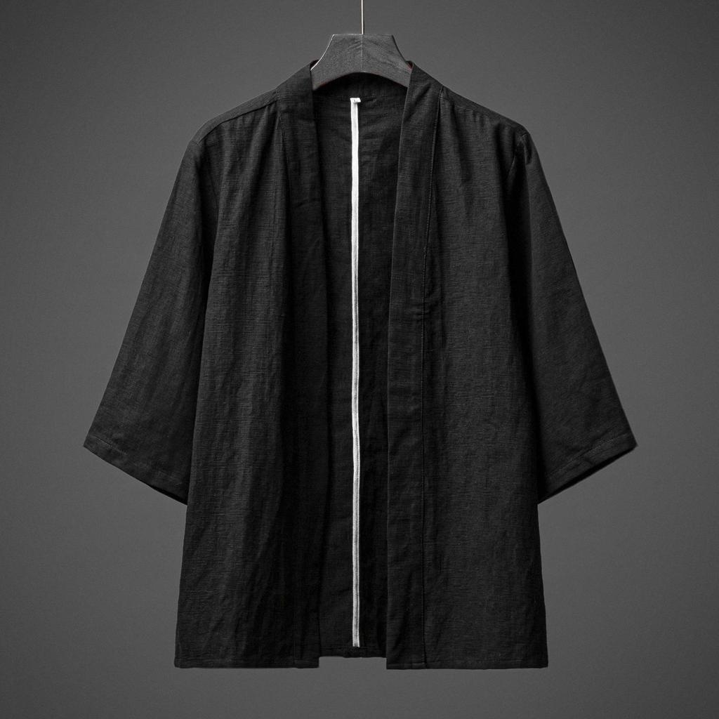 Men's Summer Thin Cotton Linen Hanfu Robe - Chinese Style, Short Sleeve, Zen Cloak