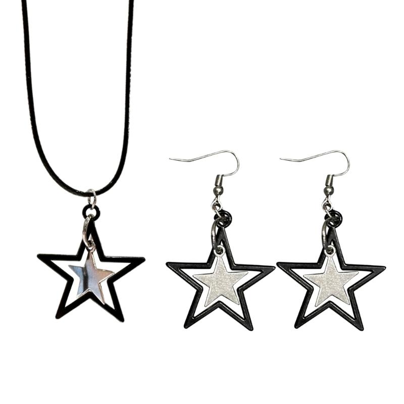 Black Star Pendant Necklace Exquisite Punk Double Star Clavicle Chain Unique Choker Jewelry Hip Hop Earring Eye Catching