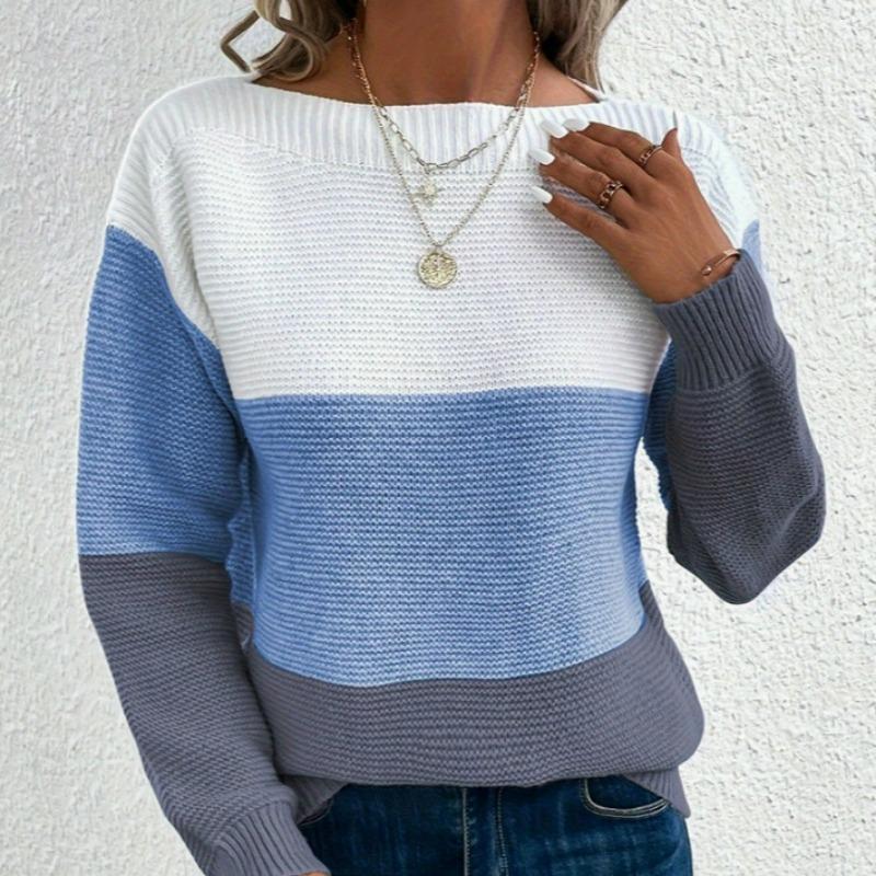 Damen S Farbblock Strickpullover Rundhalsausschnitt Langarm Pullover