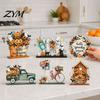 Rustic Wood Pumpkin Ornaments 6Pcs Halloween Decors, Hello Table Topper Signs, Spooky Ghost Truck Vintage Autumn Seasonal Accents Tiered Tray