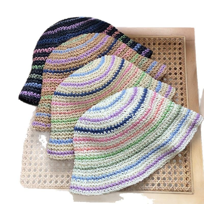 South Korea Spring And Summer Thin Handmade Knitted Fisherman'S Hat Children'S Colored Striped Basin Hat Versatile Sunscreen Shade Straw Hat