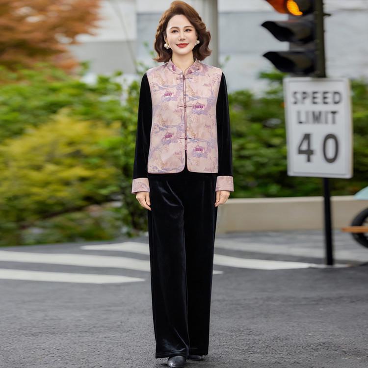 

Elegant Mother s 2026 Gold Velvet Spring/Autumn Suit – Chinese Style Jacket for Middle-Aged and Elderly Women 5XL [Recommended 145-160 lbs]