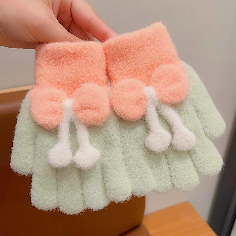 

New Cute Cherry Kids Knitted Gloves Plush Winter Warm Children Full Fingers Gloves Outdoor Sports Thickened Windproof Gloves A6
