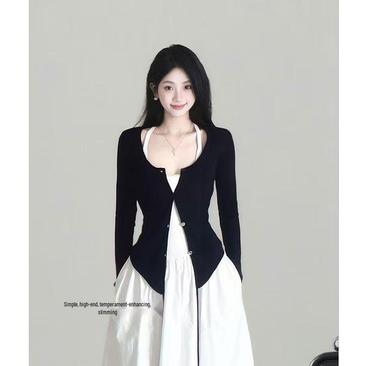 

Spring/Summer 2026: French-Style White Waist-Cinched Camisole Dress with Slim-Fit Cardigan S for 80-100 jin