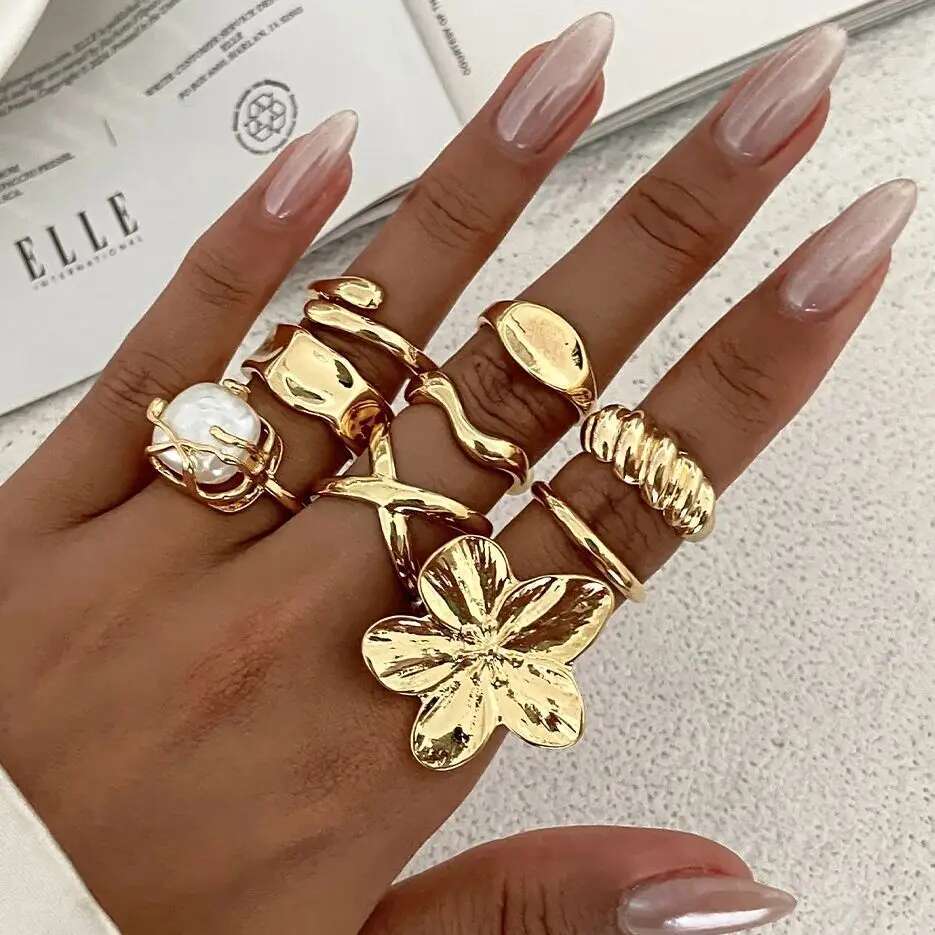 Ingemark 9Pcs/Set Vintage Elegant Imitation Pearl Flower Rings Women Creative Irregular Open Finger Ring Wedding Banquet Jewelry