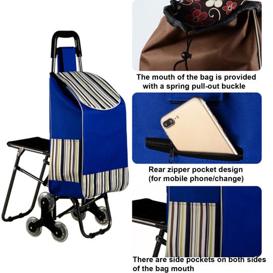 Einkaufswagen mit Sitz Doppel-Dreifachrad Ergonomischer Griff Treppensteiger-Trolley Dolly Einkaufswagen Schwerlast-Einkaufshandwagen