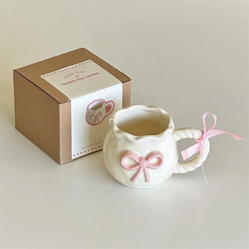 Cute Bow Thickened Ceramic Cup Hand Draw Knot Bow Irregular Mug Cups Coffee Milk Drinks Cup