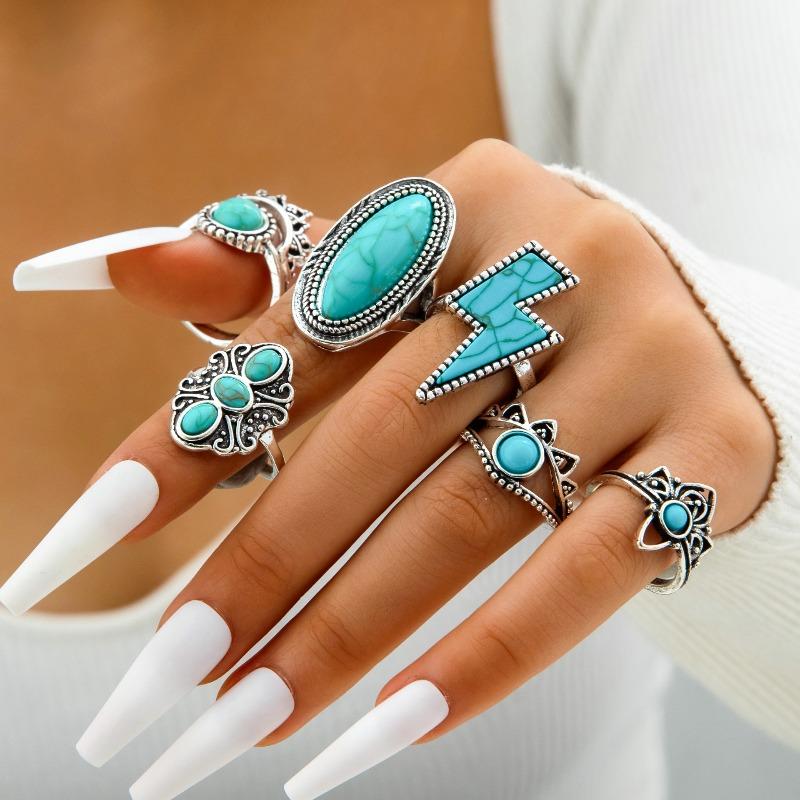 European and American Ethnic Style Carved Feather turquoise Ring Retro Personality Ring Set Combination Ring Set