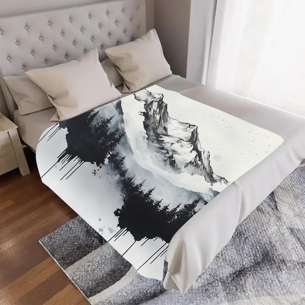 1pc Ink Wash Landscape Printed Blanket - All-Season Soft Flannel Throw with Mountain & Forest Design, Versatile for Home, Bedroo