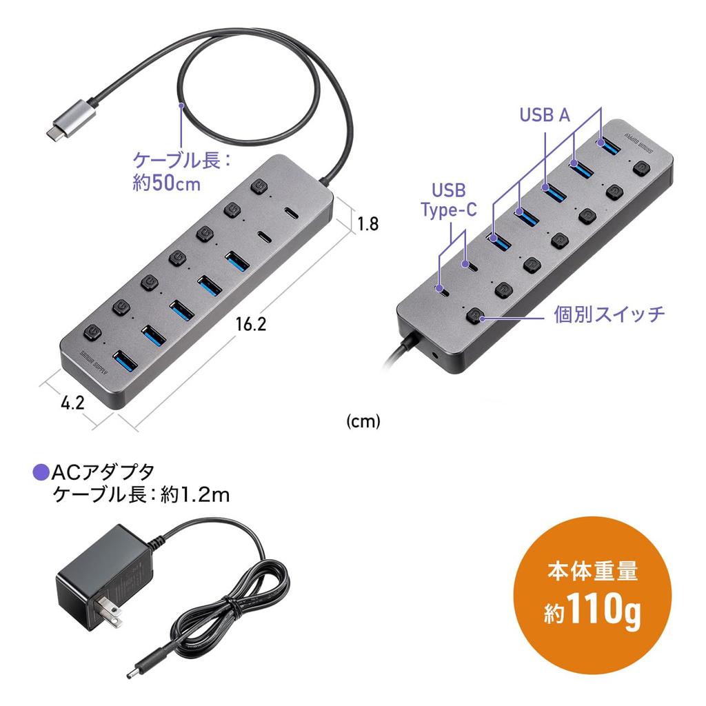 Sanwa Direct USB 7 Ports X 5 X USB Individual USB AC Adapter Hub, Type-C Connection, (2 USB-C / USB-A), Self-Powered Charger, Switches, 3.2/5Gbps,