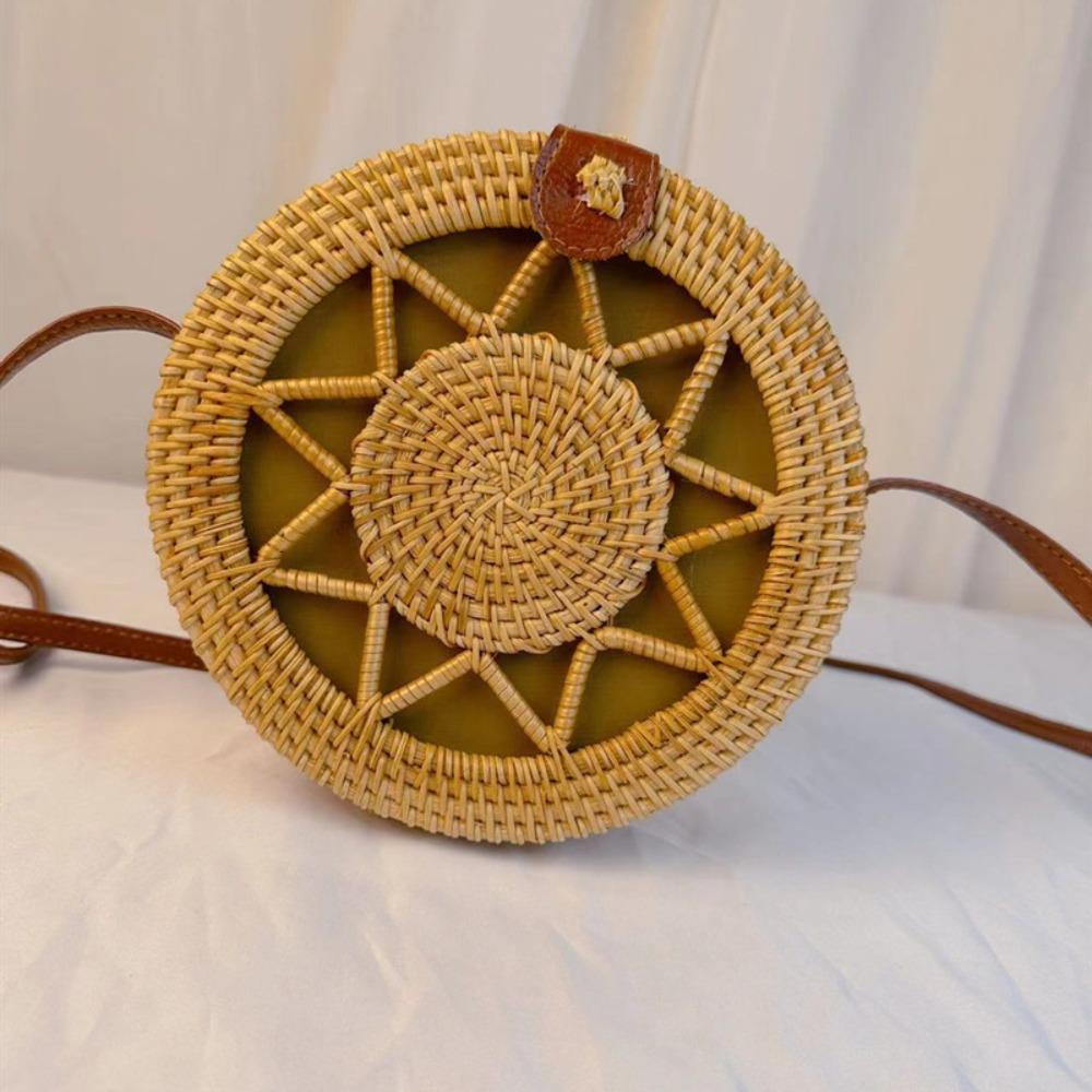 Ethnic Style Rattan Weave Bag Bohemian Round Crossbody Bag Retro Beach Bag  Picnic