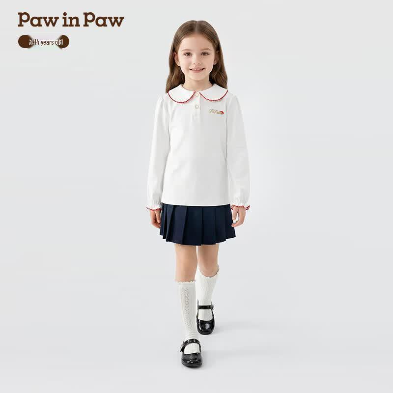 PawinPaw Girls' Cartoon Bear Collared Long-Sleeve T-Shirt