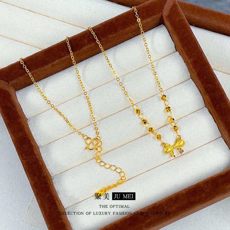 9999 24K real gold store same style women's gold necklace sweet bow collarbone chain sexy beautiful jewelry