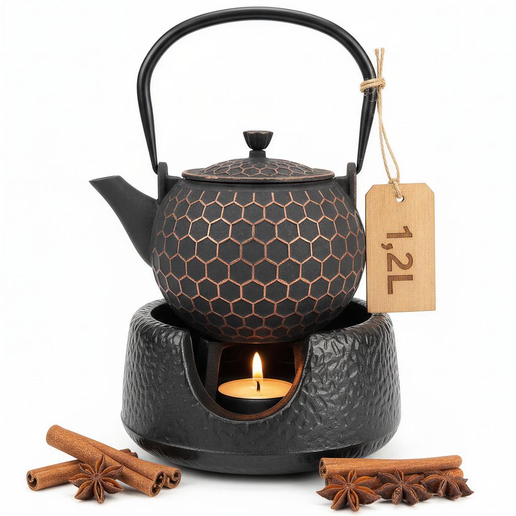 Chaleira de Ferro Fundido 1,2 L com Infusor para Chá e Ervas + Aquecedor